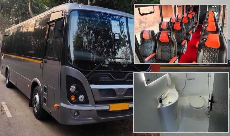 16 seater marcopolo imported mini coach with toilet washroom heater hire in delhi india