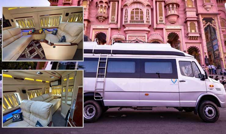 8 seater luxury caravan hire with toilet washroom kitchen in delhi jaipur punjab india